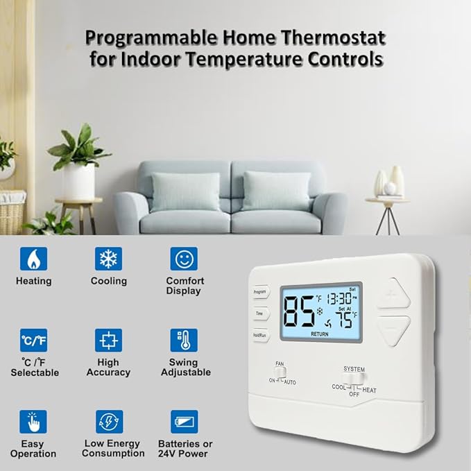 Programmable Thermostat for Home,Conventional Single-Stage Systems,5-1-1 Day Programmable Digital Energy-Saving Thermostat,up to 1 Heat/1 Cool Compatible with Gas System,White Backlight