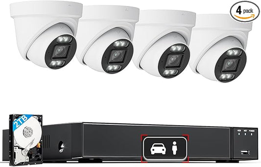 LongPlus Smart 4K 8CH Home Security Camera System, 4Pcs Wired PoE IP Cameras System Outdoor with Person/Vehicle Detection, 8MP 8CH NVR with 2TB HDD for 24-7 Recording, LP8ME84D2