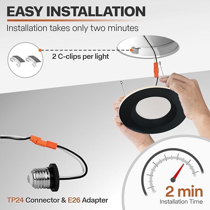1 Pack Black 5/6 Inch LED Can Lights with Night Light, 5CCT Retrofit Recessed Lighting Selectable 2700K-6000K Dimmable, 12W=75W, 1200LM Downlight with Metal Smooth Trim-ETL and Energy Star