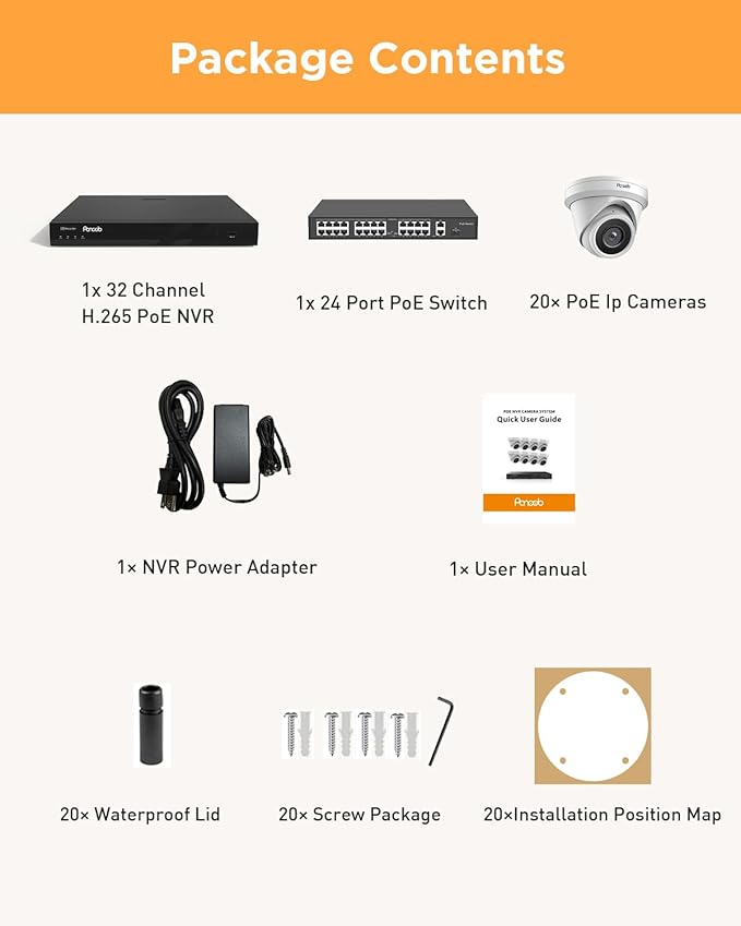 32 Channel Security Camera System, 20pcs 5MP Wired IP Turret Dome PoE Cameras Outdoor, AI Human Detection, Built-in Mic, Remote Access, 4K 32CH NVR 8TB HDD for 24-7 Recording, PD93A2032-5M