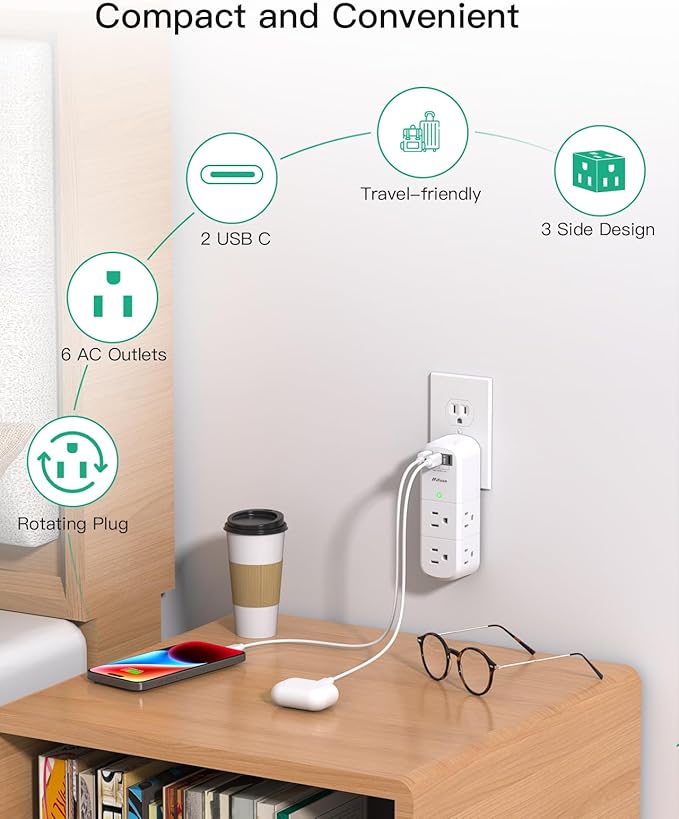 Cruise Ship Essentials - Outlet Extender with Rotating Plug, 6 AC Outlets with USB Charging Ports, Multi Plug Wall Outlet USB C Charger Hub, Non Surge Protector Non Extension Cord