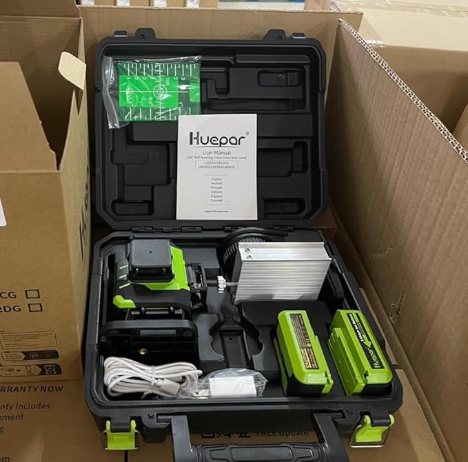 Huepar 3D Self Leveling Laser level for Tiling Floor Ground Etc., 2 Li-ion Batteries, 3x360 Cross Line Green Beam Laser Level with Type-C Charge Port & Magnetic Bracket, Hard Carry Case-LS03DG