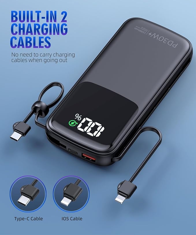 UYAYOHU Portable Charger, Power Bank, 15000mAh Battery Pack Fast Charging Lightweight, Built-in AC Wall Plug and 2 Output Cables with LED Display for iPhone15 14 13 12 11 Samsung iPad etc(Deep Black)