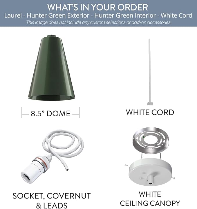 Steel Lighting Co. Laurel Pendant Light | Ceiling Mounted | 8.5 inch Cone Shade | Modern Contemporary Farmhouse Style Made in America | White Cord | Hunter Green Exterior/Hunter Green Interior