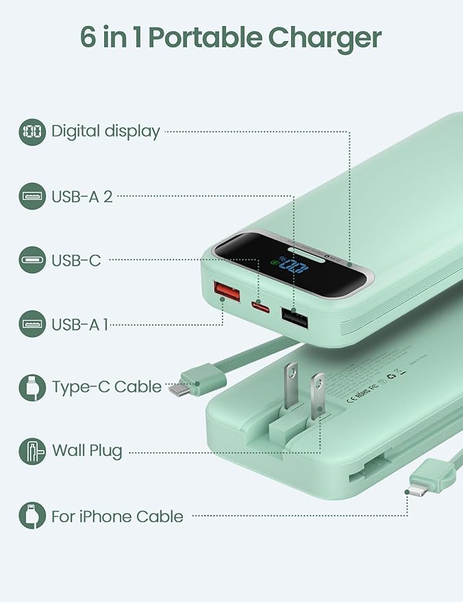 12000mAh Lightweight-Portable-Charger-Power-Bank with Built-in Cables and AC Wall Plug, PD20W USB-C Fast Charging Battery Pack, LED Display External Travel Phone Charger for All iPhone,Samsung,Android