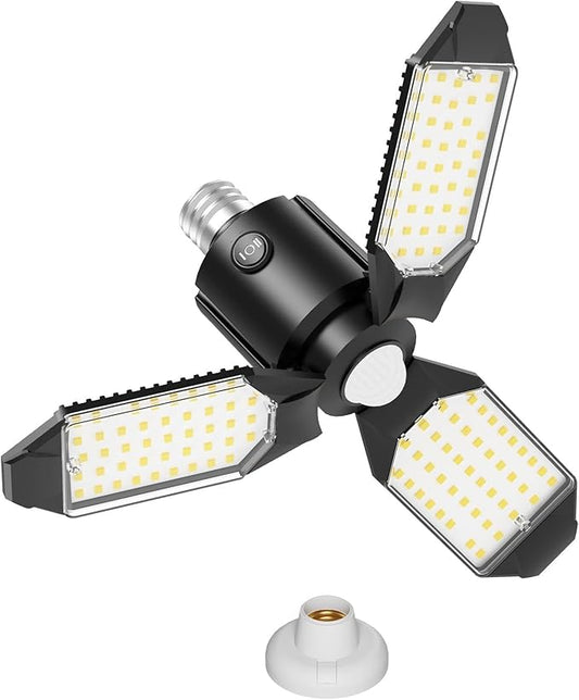 Motion Sensor Garage Light 80W 8000LM, Motion Activated Shop Light with 360° Detection and 3 Deformable Panels, 3 Modes Screw-in Garage Ceiling LED Bulb for Indoor Basement, Attic 1-Pack