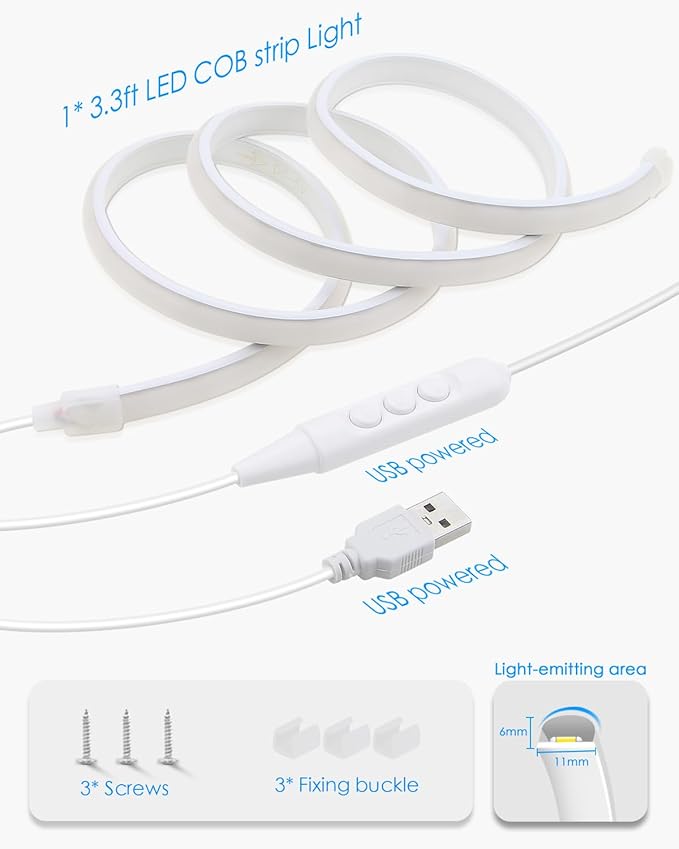 5V USB COB LED Light Strip with Dimmer 3.3FT Daylight White LED Rope Lights Indoor Tunable 6000K Super Density 320LEDs/M IP67 Waterproof LED Tape Light for Bedroom TV Backlight Mirror Decor