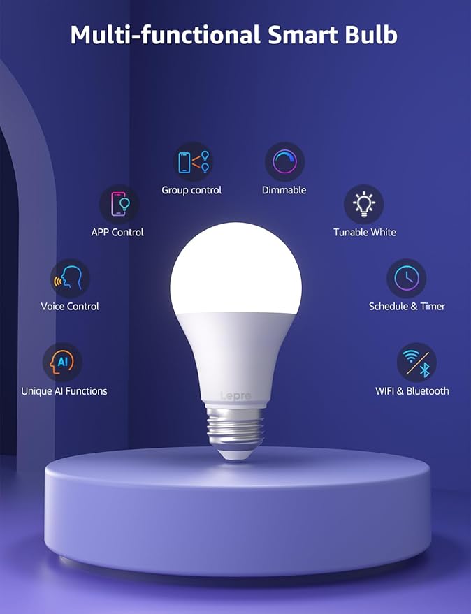 Lepro B1 AI Smart Light Bulbs - WiFi & Bluetooth RGBWW Color Changing LED Bulb Compatible with Alexa & Google Assistant, AI Generated Lighting LLM, AI Voice Control, Music Sync, 2.4GHz Only, 1 Pack
