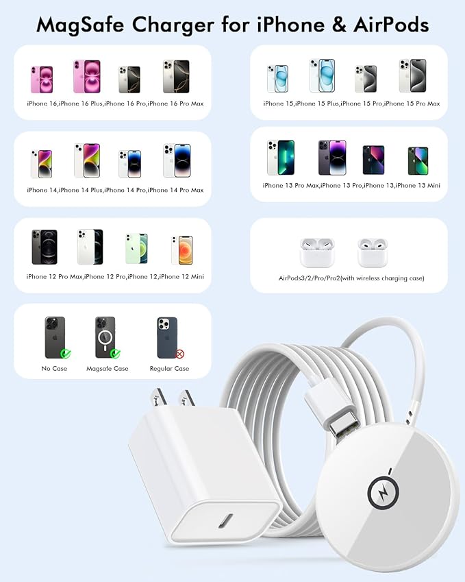 for Mag-Safe Charger,6FT 15W Magnetic Wireless Charging Pad for iPhone16/15/14/13/12 Series & AirPods 3/2/Pro Fast iPhone Wireless Charger Apple Mag Chargers Flat Strong Magnet with iPhone USB C Block