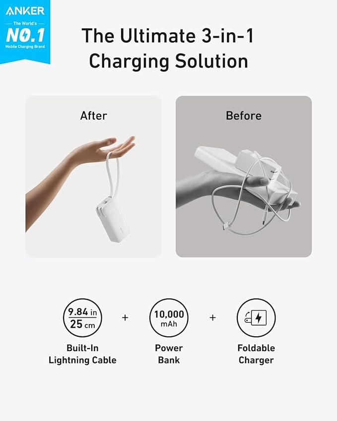 Anker Nano 3-in-1 Power Bank, Foldable AC Plug, 10,000mAh, 30W Two-Way Fast Charging, Built-in Lightning Cable (Not for iPhone 16/15 Series), Compatible with iPhone 14 Series, AirPods, and More