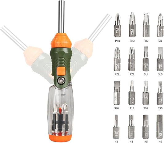 16-in-1 Multibit Ratcheting Screwdriver - All in One Screwdriver Set with Flat Head/Philips/Torx/Hex/Square/Repair Kit, 60 Degree Pivoting Adjustable Angle Magnetic Screw Driver Set (Orange)