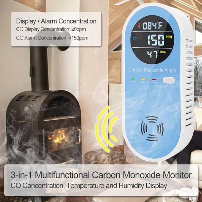 Plug in Carbon Monoxide Detectors 2 Pack, KH Alert 3-in-1 Carbon Monoxide Detector with Temperature and Humidity Sensor, Portable CO Monitor for Home/Apartment