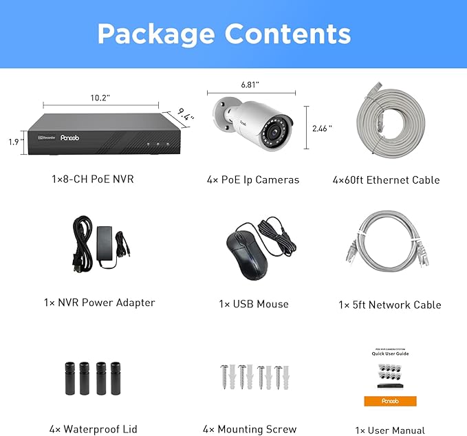 4K Security Camera System, 4pcs 8MP Wired Home Bullet IP Cameras with Microphone, AI Human Vehicle Detection, 100ft IR Night Vision, 4K 8 Channel NVR 2TB HDD for 24/7 Recording, PB37F0408-8M