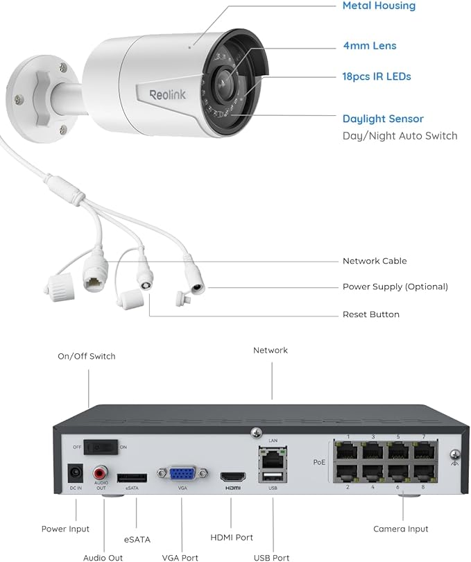 REOLINK 8CH 5MP Security Camera System, 4pcs Wired PoE Cameras for Home Security Outdoors, Smart Person/Pet/Vehicle Detection, 4K 8CH NVR with 2TB HDD for 24-7 Recording, RLK8-410B4-5MP White
