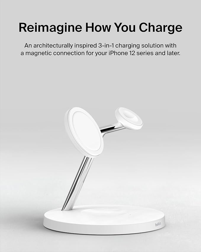 Belkin MagSafe Charger, 3-in-1 Wireless Charging Stand, 2ND GEN, 33% Faster for Apple Watch, iPhone 16, iPhone 15, iPhone 14 Series, AirPods - MagSafe Charging Station for Multiple Devices - White
