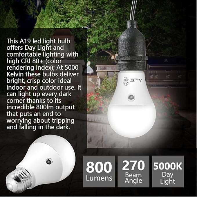 AmeriTop Dusk to Dawn Light Bulb- 4 Pack, A19 LED Sensor Light Bulbs; UL Listed, Automatic On/Off, 800 Lumen, 10W(60 Watt Equivalent), E26 Base, Indoor/Outdoor Lighting Bulb (5000K Daylight)