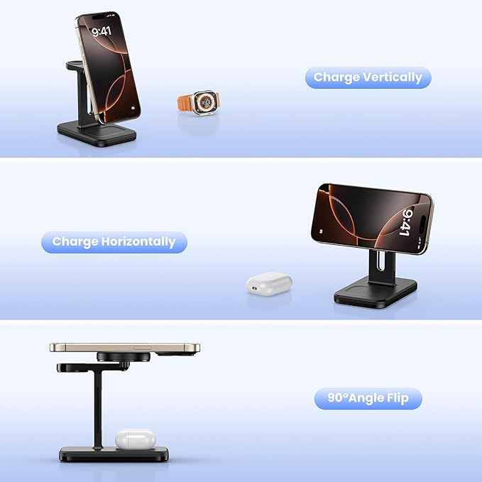 3 in 1 Fast Wireless Charging Station for Magsafe Apple Devices, Aluminum Alloy Charger Station with Adapter, Magnetic Charging Stand for iPhone 16/15/Pro/ProMax/14/13/12, Apple Watch & AirPods, Black