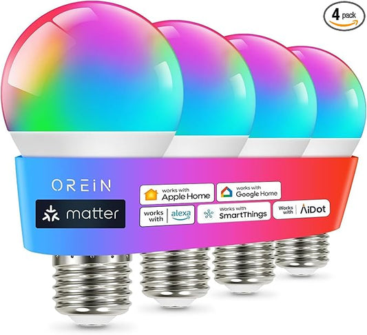 OREiN Matter Smart Light Bulb, Smart Light Bulbs Work with Apple Home, Alexa, Google Home, SmartThings, A19 Color Changing Light Bulbs 2.4Ghz WiFi, 800 Lumens Equivalent 60W 4Pack