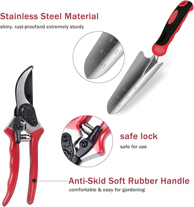 Red Gardening Tools, WisaKey 9 Piece Stainless Steel Heavy Duty Garden Tools with Non-Slip Ergonomic Handle, Garden Tote Bag, Garden kit, Gardening Gifts for Women and Men