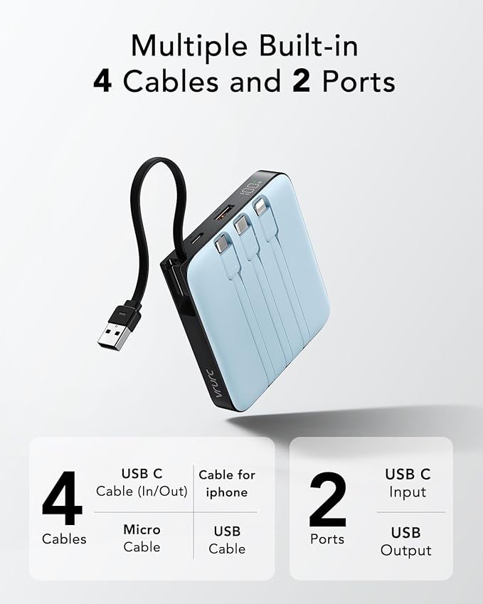 VRURC Portable Charger with Built-in 4 Cables, 20000mAh Battery Pack Charger Portable PD 20W Fast Charging, Power Bank for iPhone 16 15 14 13 12 11 X Samsung Galaxy Series Android Phone,Blue(1Pack)