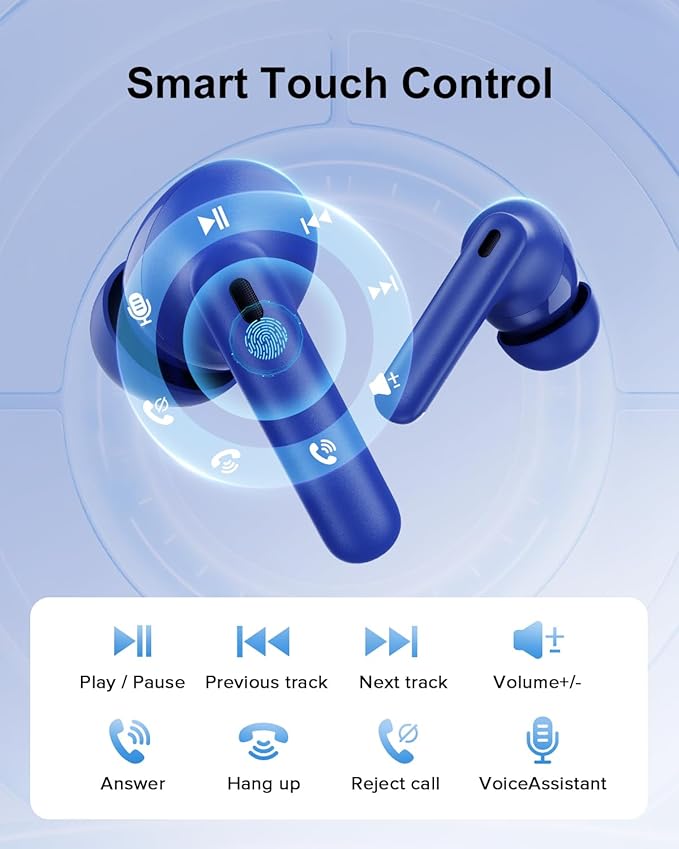 Wireless Earbuds, 42H Playtime Bluetooth 5.3 Headphones, HiFi Stereo Call Noise Cancelling Earbuds, IPX7 Waterproof Stereo in-Ear Earphones with LED Display for iOS Android (Ocean Blue)