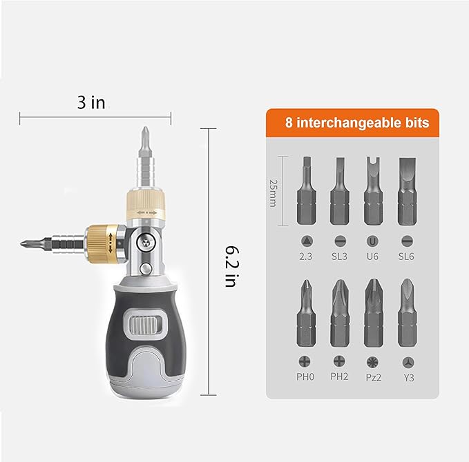 8-in-1 Magnetic Ratcheting Screwdriver Set with Phillips/Torx/Hex/Square Heads - 180° Pivoting Angle, Compact Electrician & DIY Hand Tool Kit Small Mini Set (Gray)