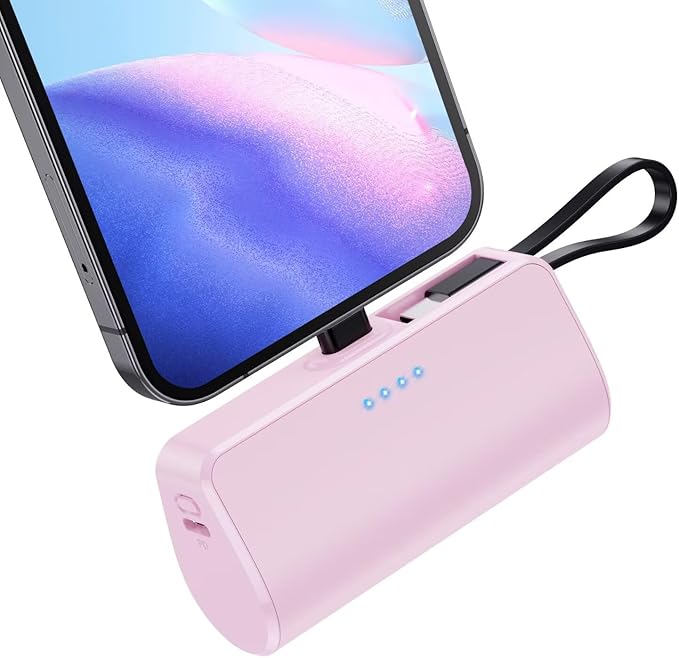 Mini Portable Charger for iPhone with Built-in Type-C Cable, 5200mAh Ultra-Compact Power Bank, PD 20W Fast Charging Battery Pack Phone Charger for iPhone 16/15/14/13, Samsung, Google, Android (Pink)