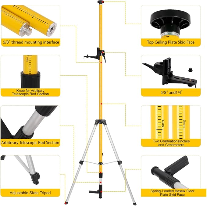 12 Ft/3.7 M Adjustable Telescoping Laser Pole, Laser Level Pole with Tripod and Bracket, 1/4"-20 & 5/8"-11 Mounts, Tripod with Bubble Level & Carry Case for Rotary/Line Lasers