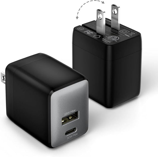 USB C Charger Block, 30W USB C Fast Charging, Dual-Port Compact USB Charger Block with Foldable Plug, Compatible with 16/16 Pro/15/15 Plus/15 Pro/15 Pro Max/14/13/12/11 (2 Pack)