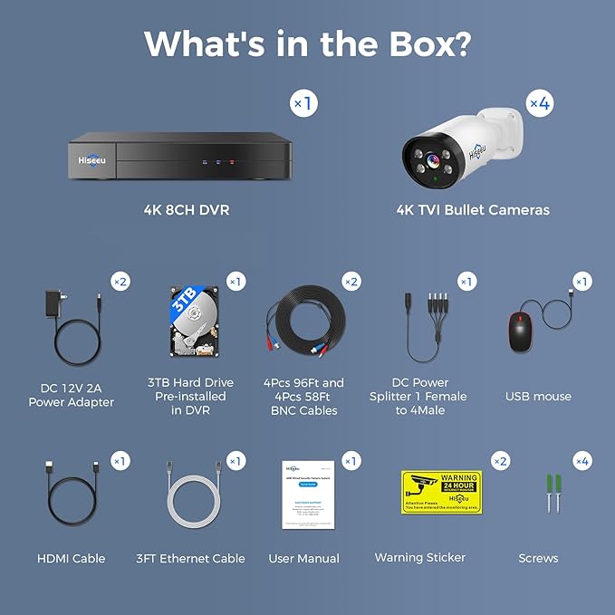 Hiseeu 4K Wired Security Camera System Outdoor with Audio,Smart Dual Light,AI Human/Vehicle Detection,3TB HDD,4K Surveillance DVR Kit 8CH,4X8MP Home CCTV Cameras,Smart Playback,100ft Night Vision