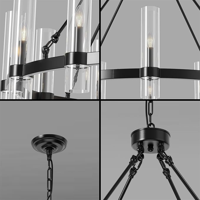 43 Inch Black Wagon Wheel Chandelier, 12 Lights with Glass Shades Light Fixtures, Large Modern Farmhouse Pendant Light for Dining Room, Living Room, Kitchen, Foyer, High Ceilings