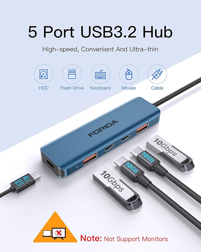 USB C Hub, 10Gbps USB 3.1 Adapter for MacBook, with 100W PD Charging, 2 USB C 3.1 10Gbps and 2 USB A 3.1 Data Ports, Compatible with Surface, XPS, Samsung, Dell and More (Blue)