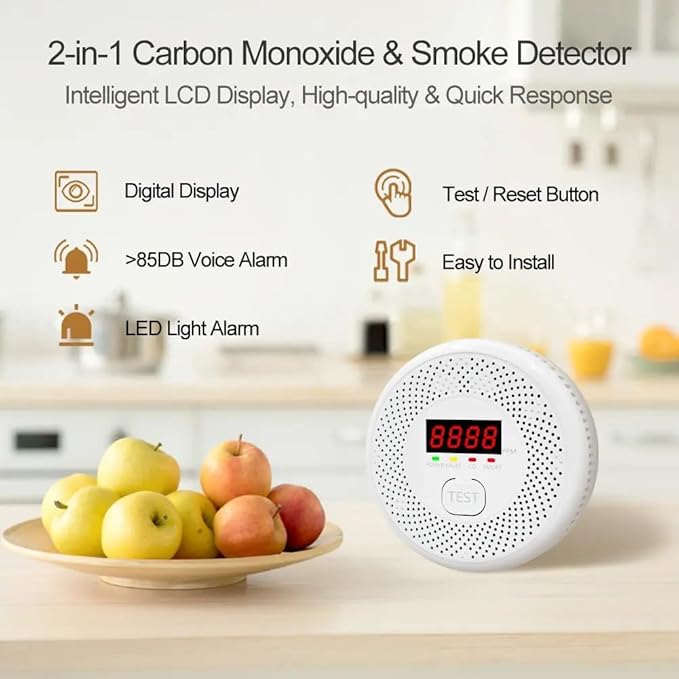 Carbon Monoxide and Smoke Detector LCD Display, Battery Powered, Dual sensors, 85dB Voice Alarm and Real-time Tracking, Suitable for Home/Kitchen/Bedroom/RV (Small Screen, 4Pack-CO&Smoke)