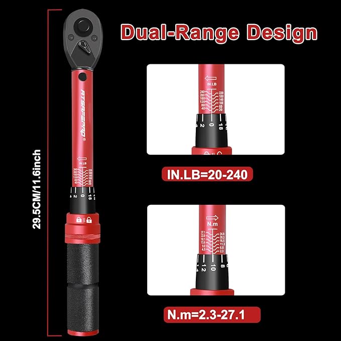 1/4" Torque Wrench (20-240 in-lb / 2.3-27.1 Nm) -Dual Scale, 72-Tooth Ratchet, ±3% Pre-Calibrated Accuracy, Suitable for Bike & Bicycle Maintenance