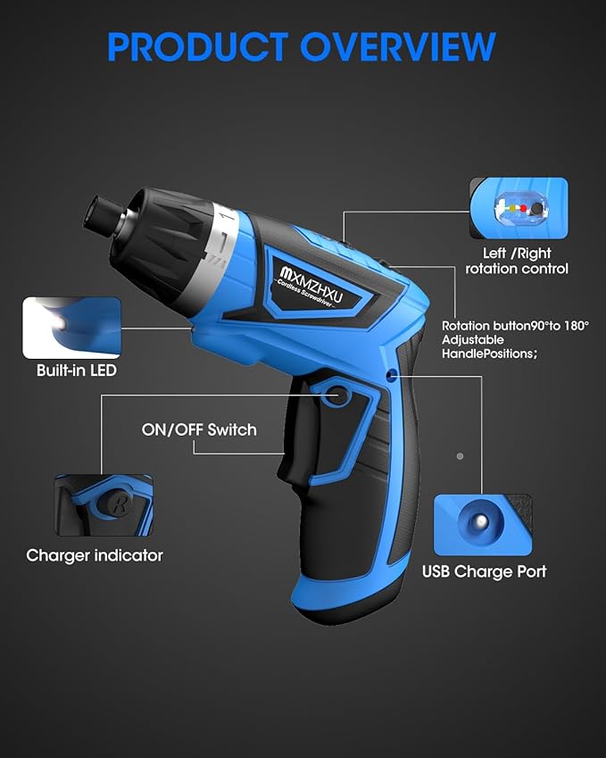 8V Cordless Screwdriver,6+1 Torque Max 10N·m Electric Power Screwdriver with 47 Accessories,180°Pivoting Handle, 2000mAh Rechargeable Screw Gun&Bit Set with LED Light, Flexible Shaft,for Home,Office