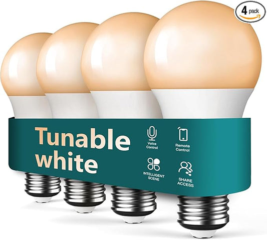 TREATLIFE Smart Light Bulbs 4Pack, 2.4GHz WiFi Smart Bulb, 2500K-6500K Tunable White Dimmable LED Light Bulb Compatible with Alexa and Google Home, 800LM, E26 A19 9W, No Hub Required