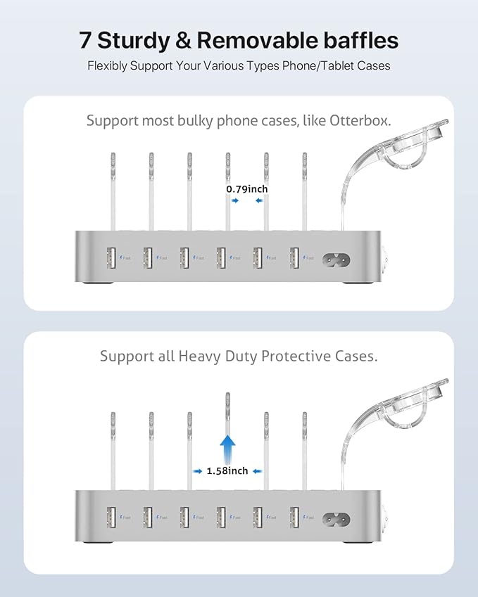 SooPii Premium 6-Port USB Charging Station Organizer for Multiple Devices, 6 Short Charging Cables and One Upgraded i-Watch Charger Holder Included, for Phones,Tablets and Other Electronics, Silver