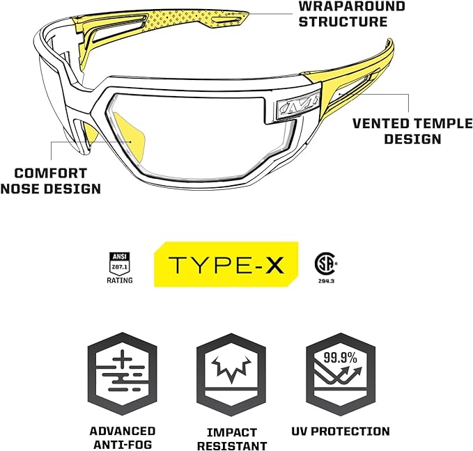 Mechanix Wear: Vision Type-X Safety Glasses with Advanced Anti Fog, Scratch Resistant, Black Frame, Protective Eyewear, Lightweight Glasses, Ventilated Temples, For Outdoor Use (Blue Mirror Lens)