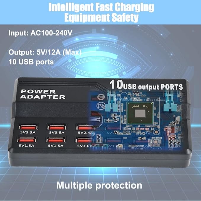 MaxLax USB Charging Station,10 Port 60W Multiple USB Charger Station,Multi Ports Charger Charging for Smartphones,Tablets,and Many Devices.