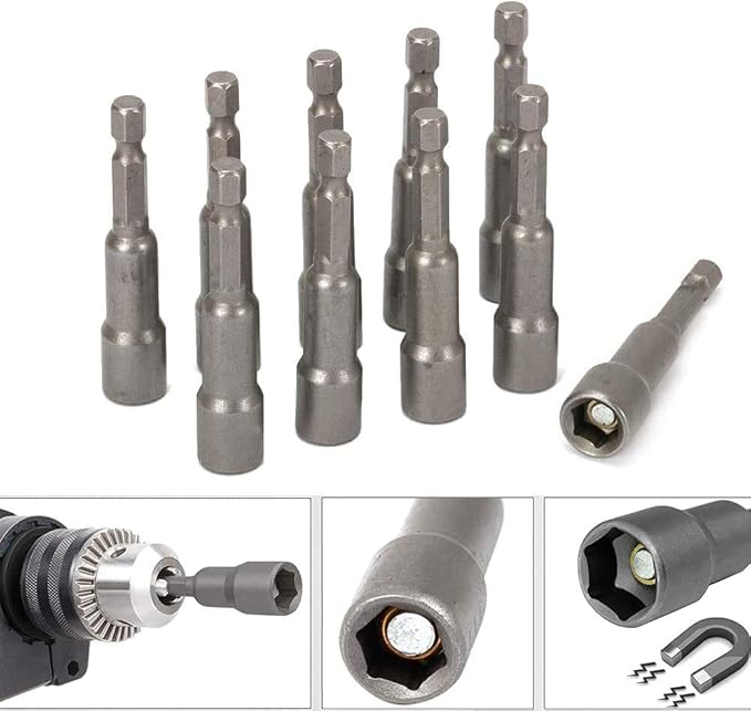 10pcs Bestgle 1/4'' Hex Shank Magnetic Power Nut Driver Bit Sets, Quick Change Socket Nut Impact Driver Adapter Imperial Size 1/4"
