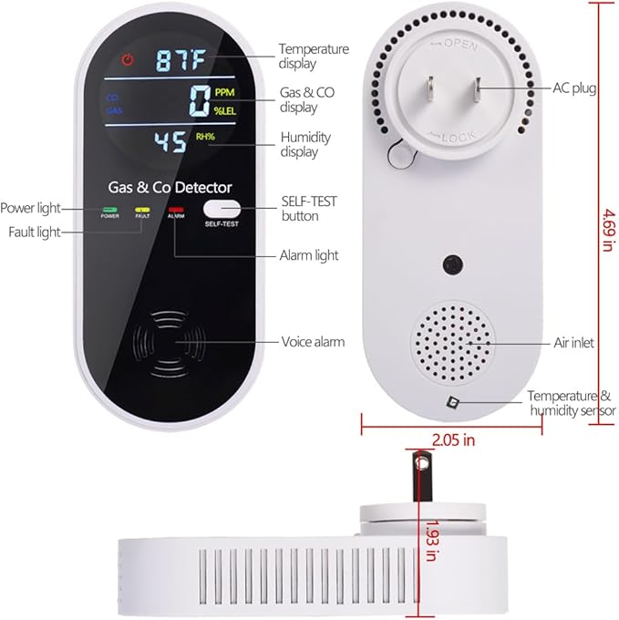 Carbon Monoxide and Gas Detectors, Plug in Carbon Monoxide Detector & Natural Gas Combination Detectors with Clear LCD Display, 4-in-1 CO & Gas Detector with Temperature and Humidity Display