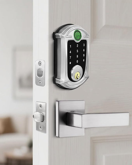 Keyless-Entry Deadbolt Smart Lock with Lever Handle Set: Digital Exterior Waterproof IP56 Locks for Front Door, Smartphone Control Fingerprint Door Lock with Keypad Key Fob(Satin Nickel)