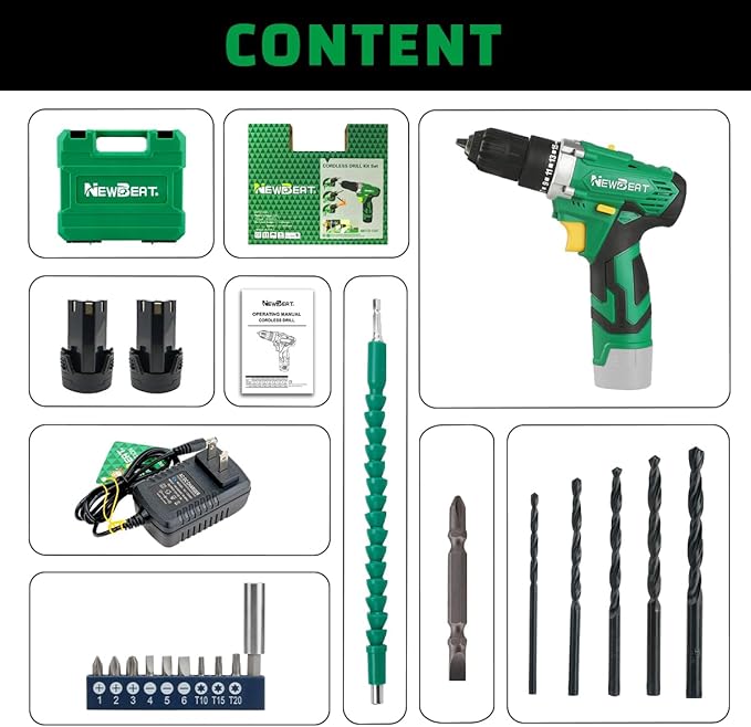 NEWBEAT Cordless Drill Set, 12V Power Drill Driver with 2 Batteries and Charger, 3/8" Keyless Chuck, 2 Variable Speed, 15+1 Torque Setting Electric Drill, Power Tools Kit for Home and DIY Project
