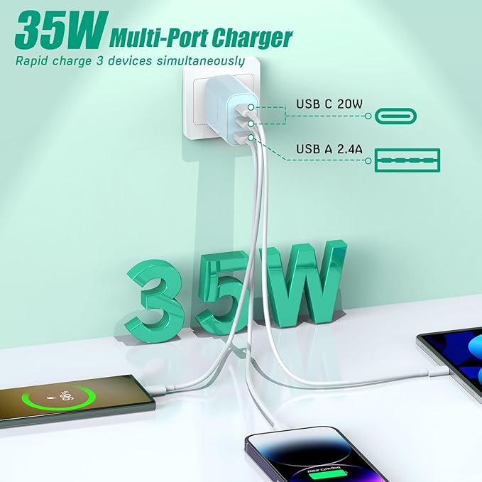 USB C Fast Charger Block 35W, 3-Pack PD Wall Charger for Apple iPhone 17 Fast Charging, Multiport Type C Charging Block for iPhone 17/17 Air/17 Pro/17 Pro Max/16/15/14/13/12, iPad Pro, iPad Air, iPad
