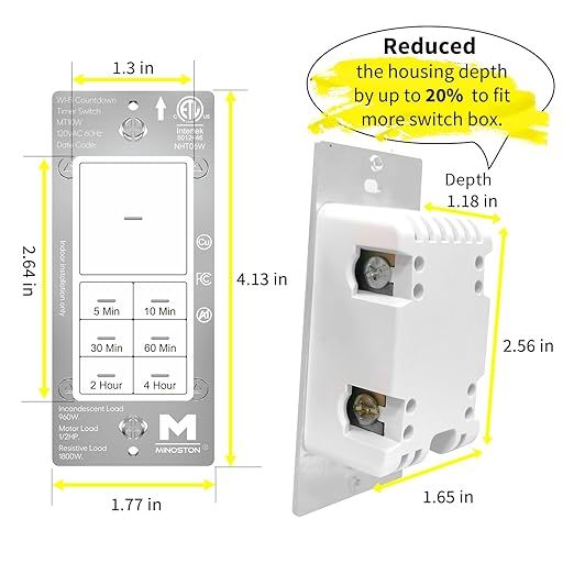 Minoston WiFi Timer Switch - Smart Countdown Timer, 5-15-30 Minutes/1-2-4 Hour, ON/OFF, Neutral Wire Needed, for Lights, Fans, Heaters, ETL Listed