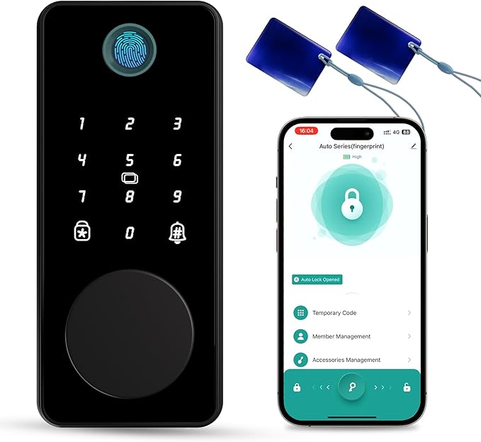 Keyless Entry Door Lock, Smart Door Lock, Smart Deadbolt Lock with Keypad, Auto & One Touch Lock | Smart Locks for Front Door | Easy Installation | Exact Fingerprint | App Control | 12-Month Battery