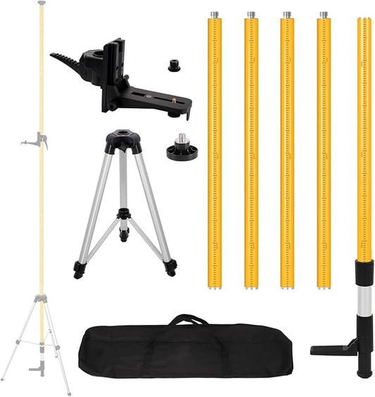 12 Ft/3.7 M Adjustable Telescoping Laser Pole, Laser Level Pole with Tripod and Bracket, 1/4"-20 & 5/8"-11 Mounts, Tripod with Bubble Level & Carry Case for Rotary/Line Lasers