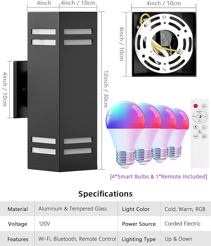 KIZON Smart Outdoor Wall Lights Dusk to Dawn Outdoor Lighting RGB Color Changing 2 Pack, Modern Exterior Lighting Fixtures with Remote Control, Waterproof Ambiance Up and Down Lights