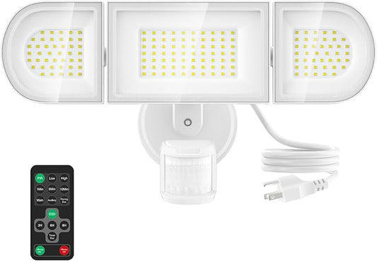130W Motion Sensor Light Outdoor Plug in, 13000LM LED Security Lights with Remote Control, 3 Adjustable Heads, 3 Modes, Plug in Flood Lights Outodoor IP65 Waterproof for Garage Yard (White)