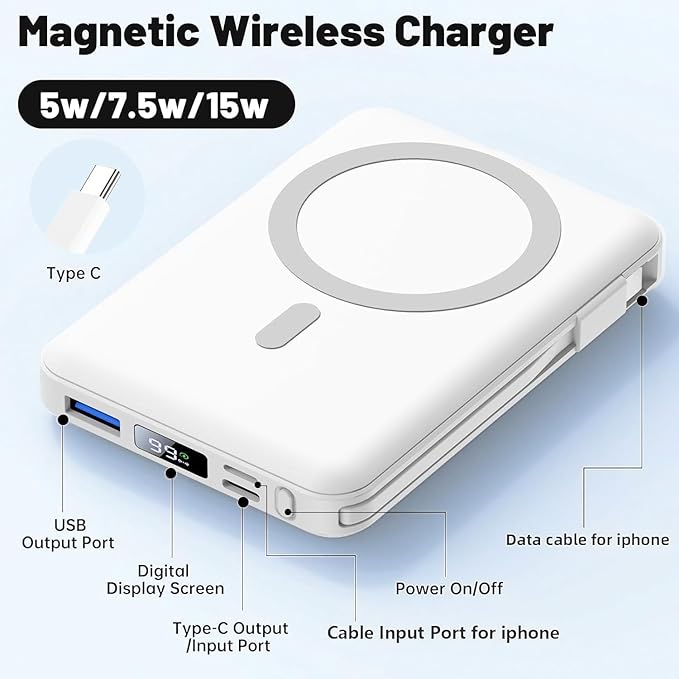 Azmuth for Magsafe Battery Pack, 10000mAh Magnetic Power Bank 22.5W PD Fast Charging with USB-C Cable LED Display Wireless Portable Charger with Stand for iPhone 16/15/14/13/12/Pro (White)